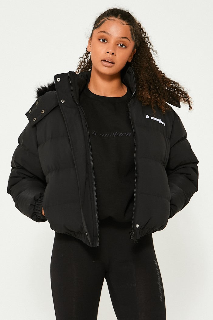 Ladies Black Long Puffer Jacket with Hood | Vegan-friendly jacket