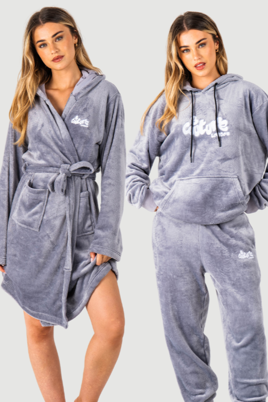 Fluffy Dressing Gown & PJ Set Bundle - Grey/Grey